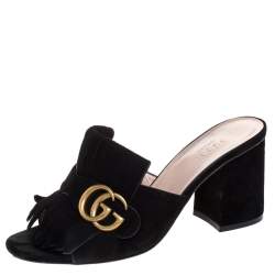 مملوكة مسبقًا Gucci Black Suede Leather GG Marmont Fringe Mules Size 37.5