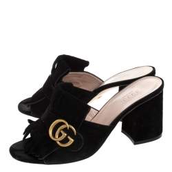 مملوكة مسبقًا Gucci Black Suede Leather GG Marmont Fringe Mules Size 37.5