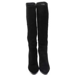 Gucci Black Suede & Bamboo Bit Heel Knee High Boots Size 37.5