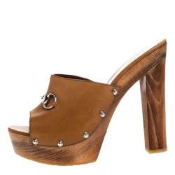 Pre Owned Gucci Brown Leather Horsebit Peep Toe Clogs Size 41