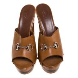 Pre Owned Gucci Brown Leather Horsebit Peep Toe Clogs Size 41