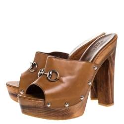 Pre Owned Gucci Brown Leather Horsebit Peep Toe Clogs Size 41
