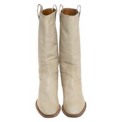 Pre Owned Gucci Off-white Leather Mid Calf Round Toe Boots Size 41