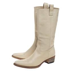 Pre Owned Gucci Off-white Leather Mid Calf Round Toe Boots Size 41