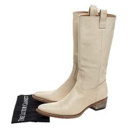 Pre Owned Gucci Off-white Leather Mid Calf Round Toe Boots Size 41