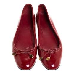Pre Owned Gucci Red Patent Leather Bamboo Bow Ballet Flats Size 39.5