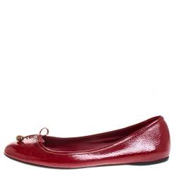 Pre Owned Gucci Red Patent Leather Bamboo Bow Ballet Flats Size 39.5