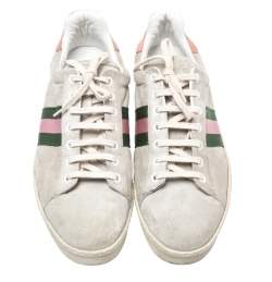 مملوكة مسبقًا Gucci Grey Suede And Pink Croc Trim Web Detail Sneakers Size 37.5