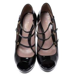 Pre Owned Gucci Black Patent Leather Multi Strap Lisbeth Platform Pumps Size 37.5