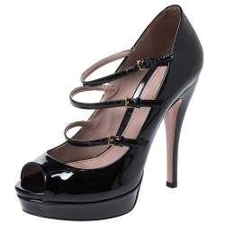 Pre Owned Gucci Black Patent Leather Multi Strap Lisbeth Platform Pumps Size 37.5