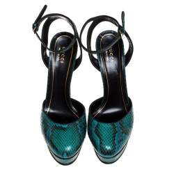 Pre Owned صندل غوتشي "هيوستون" بسير كاحل و بنعل سميك جلد ثعبان أخضر مقاس 38.5