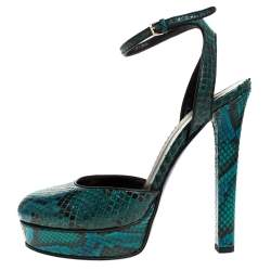 Pre Owned صندل غوتشي "هيوستون" بسير كاحل و بنعل سميك جلد ثعبان أخضر مقاس 38.5