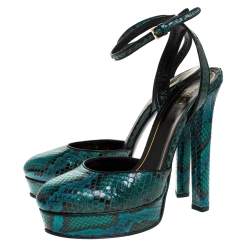Pre Owned صندل غوتشي "هيوستون" بسير كاحل و بنعل سميك جلد ثعبان أخضر مقاس 38.5