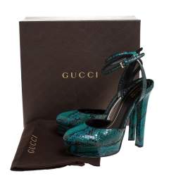 Pre Owned صندل غوتشي "هيوستون" بسير كاحل و بنعل سميك جلد ثعبان أخضر مقاس 38.5