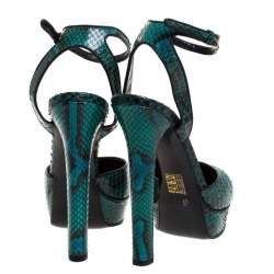 Pre Owned صندل غوتشي "هيوستون" بسير كاحل و بنعل سميك جلد ثعبان أخضر مقاس 38.5