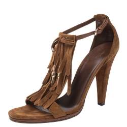 Gucci Brown Suede Fringe Bow Slingback Sandals Size 39.5