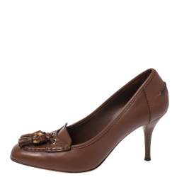 Pre Owned Gucci Brown Leather Bamboo Tassel Loafer Pumps Size 36.5