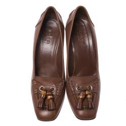Pre Owned Gucci Brown Leather Bamboo Tassel Loafer Pumps Size 36.5