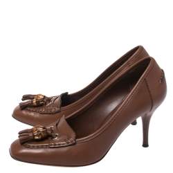 Pre Owned Gucci Brown Leather Bamboo Tassel Loafer Pumps Size 36.5