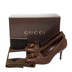Pre Owned Gucci Brown Leather Bamboo Tassel Loafer Pumps Size 36.5