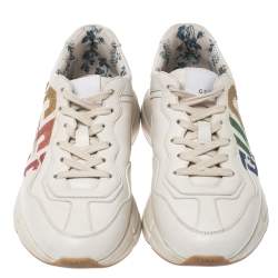 Pre Owned Gucci White Leather Glitter Rhyton Lace Up Sneakers Size 37.5