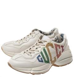 Pre Owned Gucci White Leather Glitter Rhyton Lace Up Sneakers Size 37.5