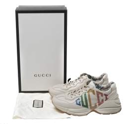 Pre Owned Gucci White Leather Glitter Rhyton Lace Up Sneakers Size 37.5