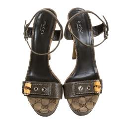 مملوكة مسبقًا Gucci Green/Beige GG Canvas and Leather Bamboo Platform Sandals Size 39