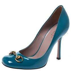 مملوكة مسبقًا Gucci Turquoise Patent Leather Jolene Horsebit Pumps Size 36.5