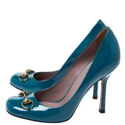 مملوكة مسبقًا Gucci Turquoise Patent Leather Jolene Horsebit Pumps Size 36.5