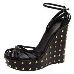Pre Owned Gucci Black Leather Studded Wedge Ankle Strap Sandals Size 40