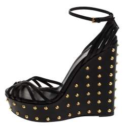 Pre Owned Gucci Black Leather Studded Wedge Ankle Strap Sandals Size 40