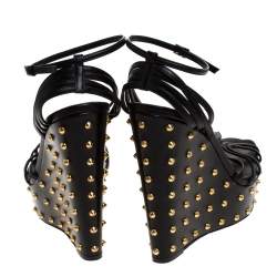 Pre Owned Gucci Black Leather Studded Wedge Ankle Strap Sandals Size 40