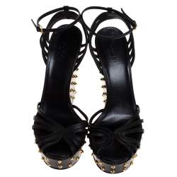 Pre Owned Gucci Black Leather Studded Wedge Ankle Strap Sandals Size 40
