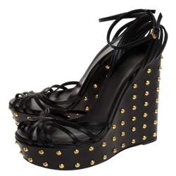Pre Owned Gucci Black Leather Studded Wedge Ankle Strap Sandals Size 40