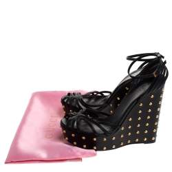 Pre Owned Gucci Black Leather Studded Wedge Ankle Strap Sandals Size 40