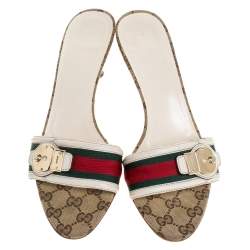 Pre Owned Gucci Tricolor Leather Trim And Web Canvas Open Toe Sandals Size 39.5