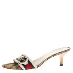 Pre Owned Gucci Tricolor Leather Trim And Web Canvas Open Toe Sandals Size 39.5