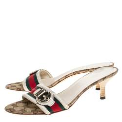 Pre Owned Gucci Tricolor Leather Trim And Web Canvas Open Toe Sandals Size 39.5