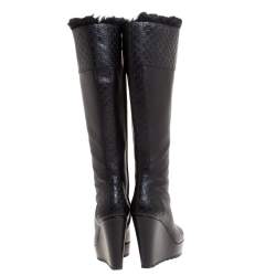 Pre Owned Gucci Black Microguccissima Leather and Fur Courtney Wedge Knee High Boots Size 38