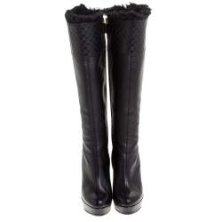 Pre Owned Gucci Black Microguccissima Leather and Fur Courtney Wedge Knee High Boots Size 38