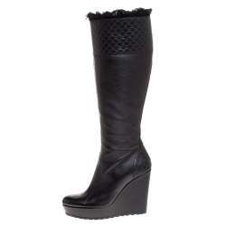 Pre Owned Gucci Black Microguccissima Leather and Fur Courtney Wedge Knee High Boots Size 38