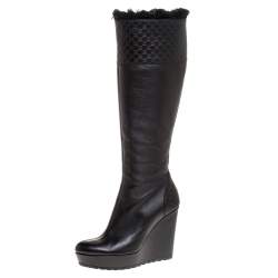 Pre Owned Gucci Black Microguccissima Leather and Fur Courtney Wedge Knee High Boots Size 38