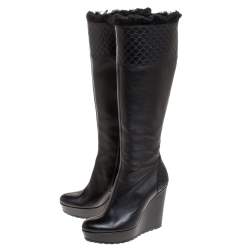 Pre Owned Gucci Black Microguccissima Leather and Fur Courtney Wedge Knee High Boots Size 38