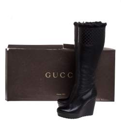 Pre Owned Gucci Black Microguccissima Leather and Fur Courtney Wedge Knee High Boots Size 38