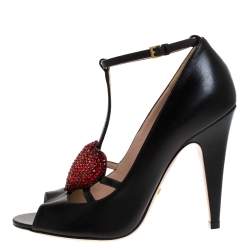 Pre Owned Gucci Black Leather Molina Crystal Heart T Strap Pumps Size 36.5