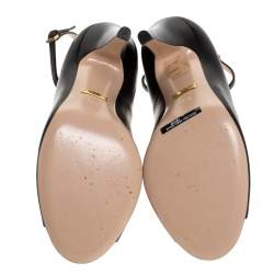 Pre Owned Gucci Black Leather Molina Crystal Heart T Strap Pumps Size 36.5