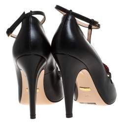 Pre Owned Gucci Black Leather Molina Crystal Heart T Strap Pumps Size 36.5