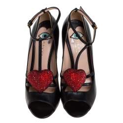 Pre Owned Gucci Black Leather Molina Crystal Heart T Strap Pumps Size 36.5