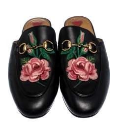 مملوكة مسبقًا Gucci Black Leather Princetown Flower Embroidered Flat Mules Size 36